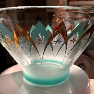 Vintage Mid-Century Atomic Starburst Glass Bowl – Teal & Gold Ombre Frosted Base